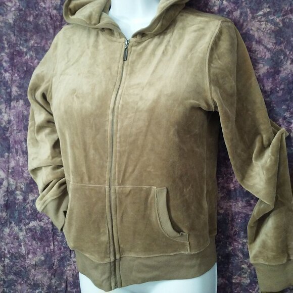 Vintage Y2K Plush &Lush Velour Hoodie Top Jacket Lady-M Zip Pockets Shimmer Tan - Picture 7 of 14